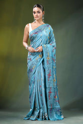 Light sky blue multicolor floral design silk kantha saree adorned 1