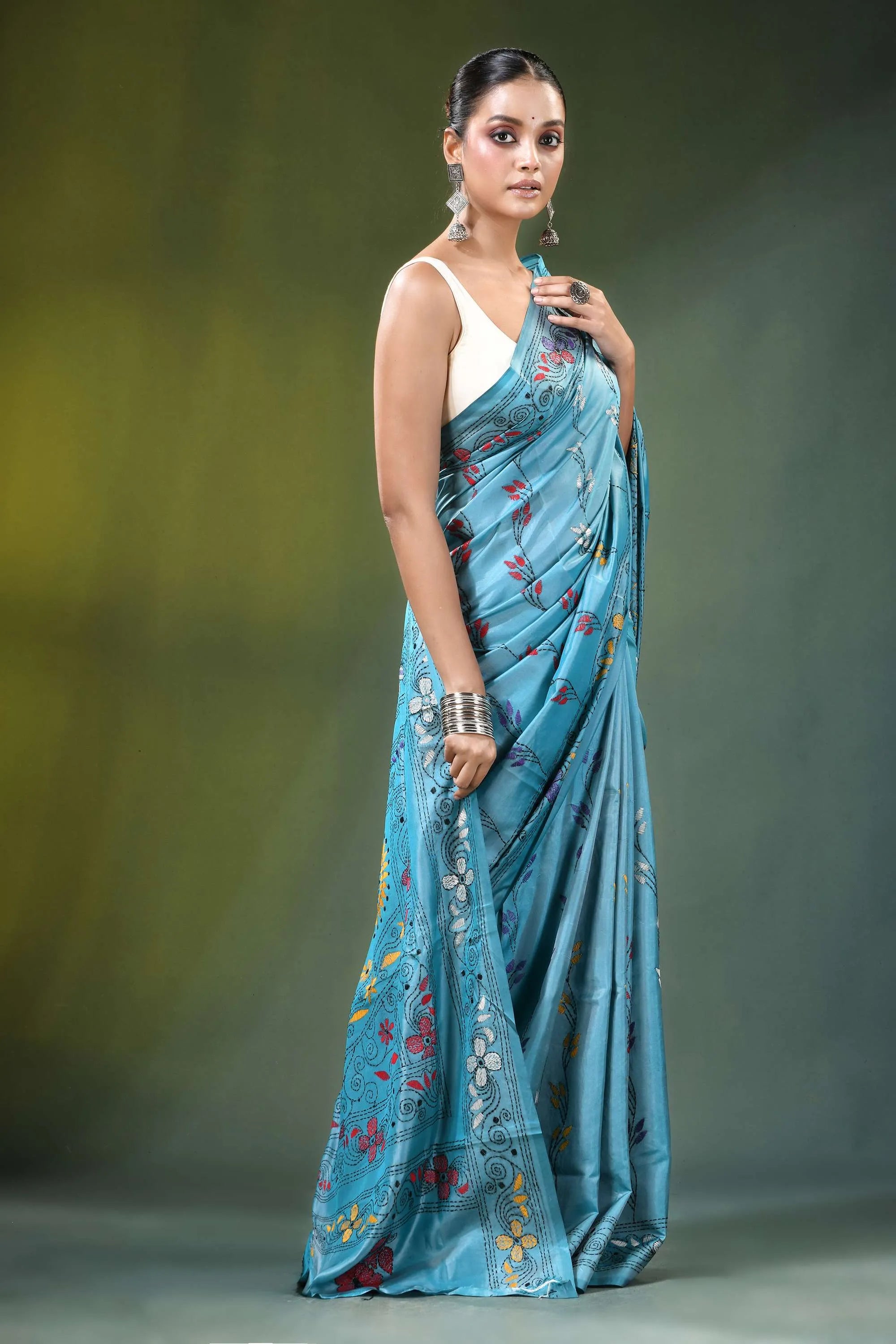 Light sky blue multicolor floral design silk kantha saree woman wears 4