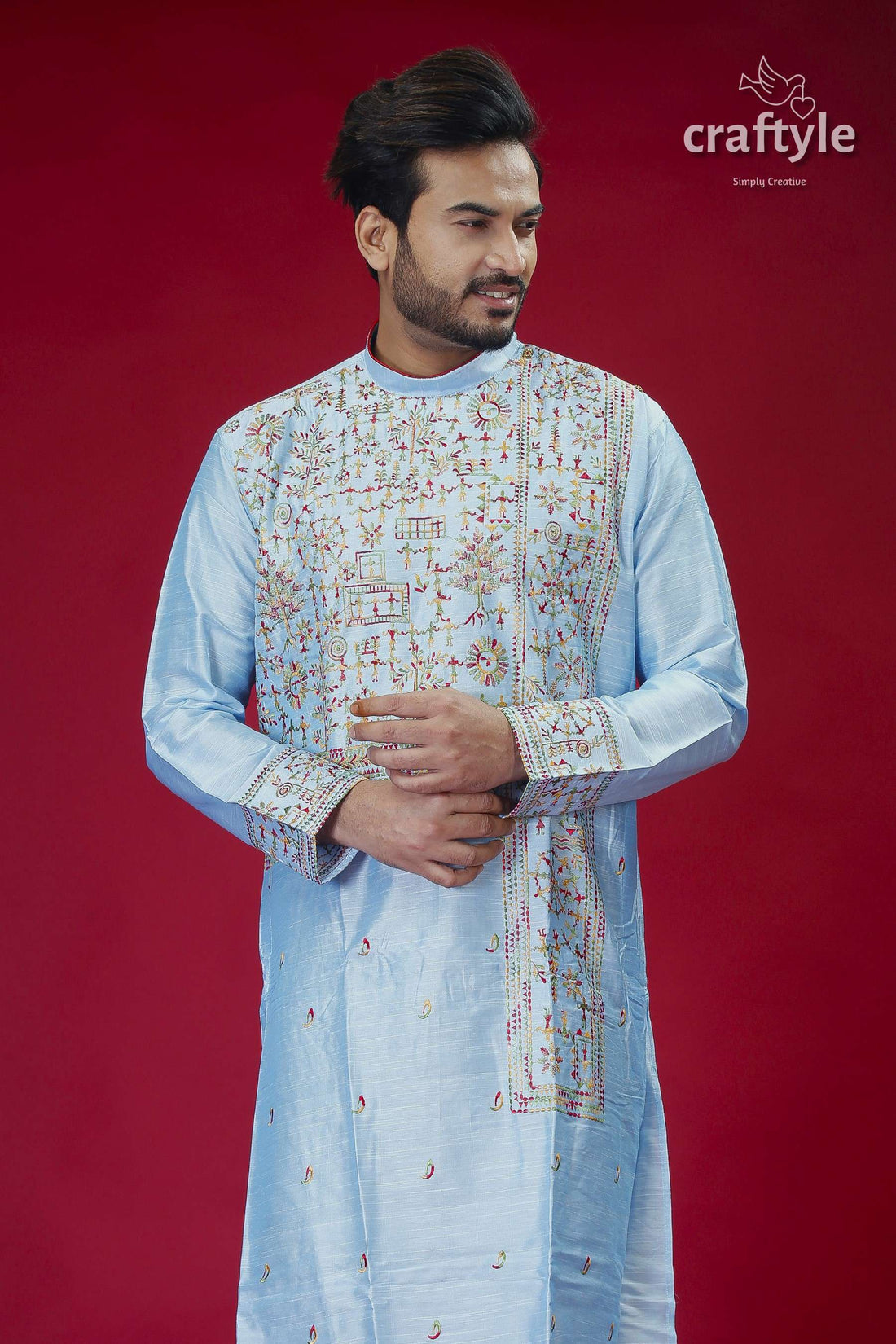 Light Sky Blue Silk Mens Kurta with Figure Motif Embroidery - Craftyle