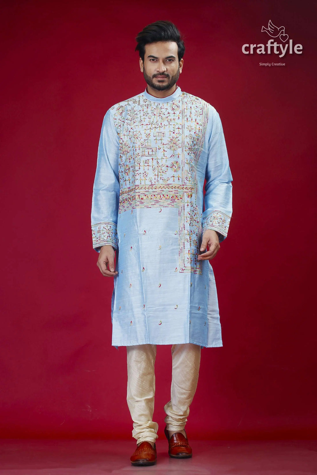 Light sky blue silk mens kurta with figure motif embroidery embroidered light blue kurta cream 1