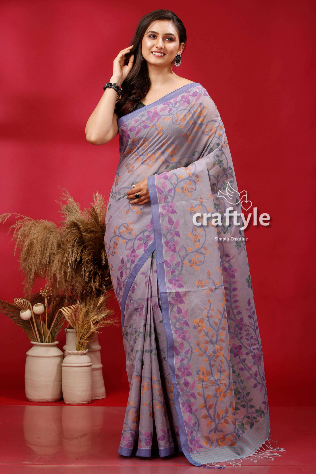 Light Steel Blue Floral Motif Jamdani Cotton Saree - Craftyle