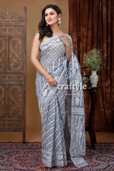 Light tower grey white bengal handloom jamdani saree woman gray white patterned saree 1