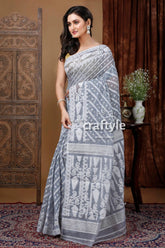 Light tower grey white bengal handloom jamdani saree gray white patterned saree 4