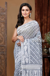 Light tower grey white bengal handloom jamdani saree gray white patterned saree 2