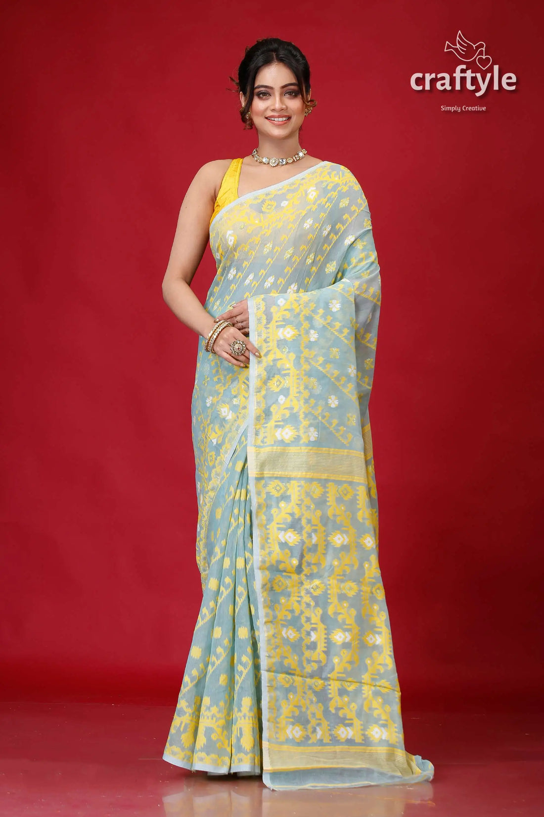 Light turquoise green soft bengal jamdani saree woman light blue yellow saree 1