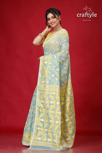 Light turquoise green soft bengal jamdani saree woman patterned saree 3