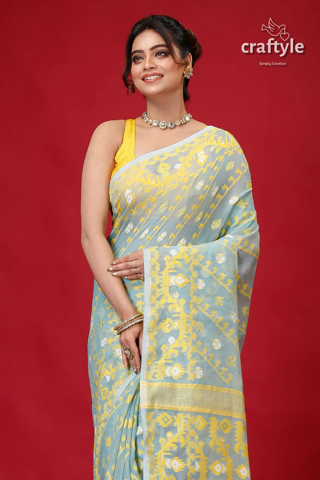 Light turquoise green soft bengal jamdani saree woman light blue yellow saree 2