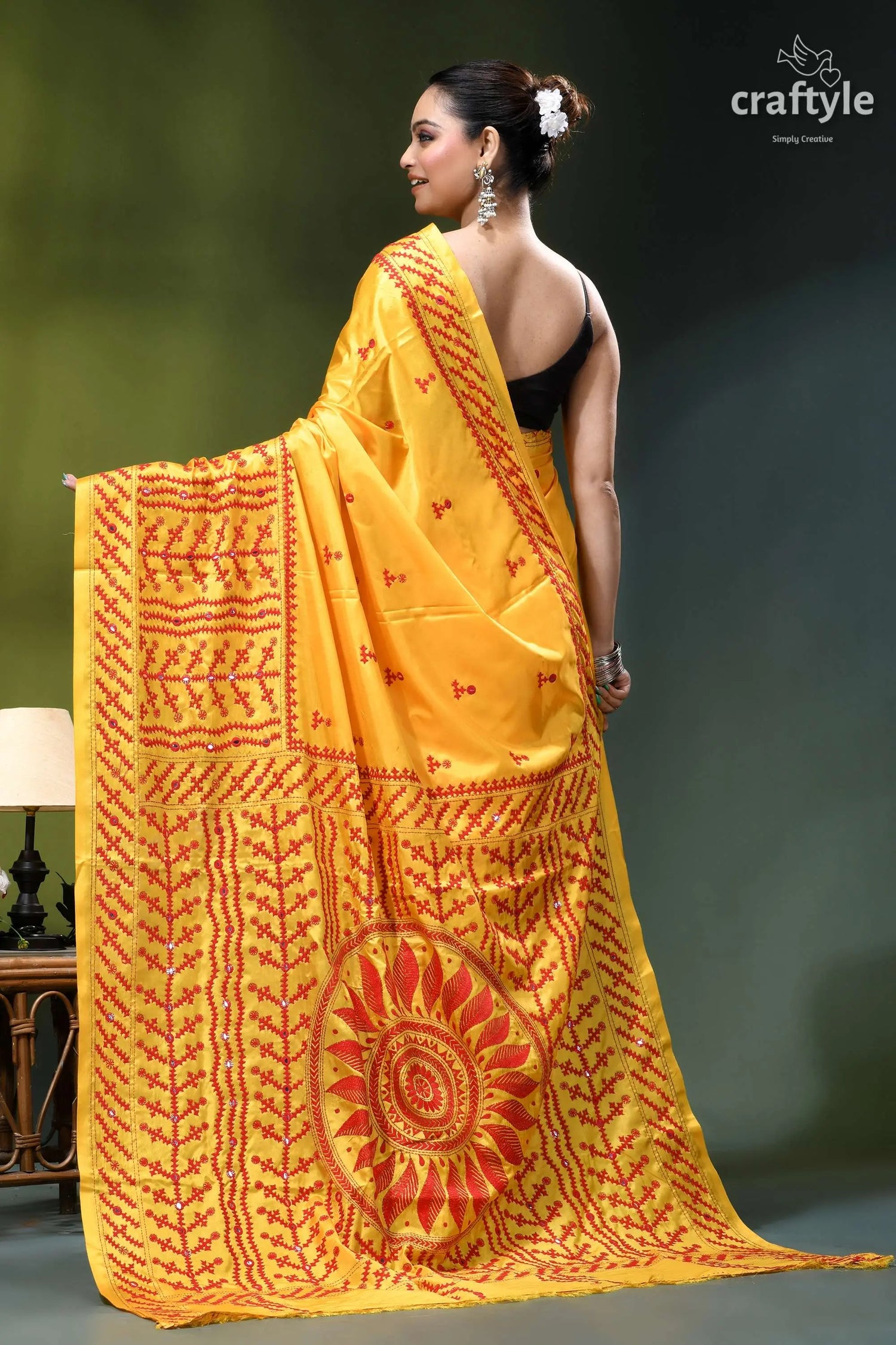 Lighting yellow red kutch embroidery silk saree with mirror work vibrant yellow saree intricate red 5