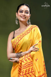 Lighting yellow red kutch embroidery silk saree with mirror work vibrant yellow saree intricate red 2