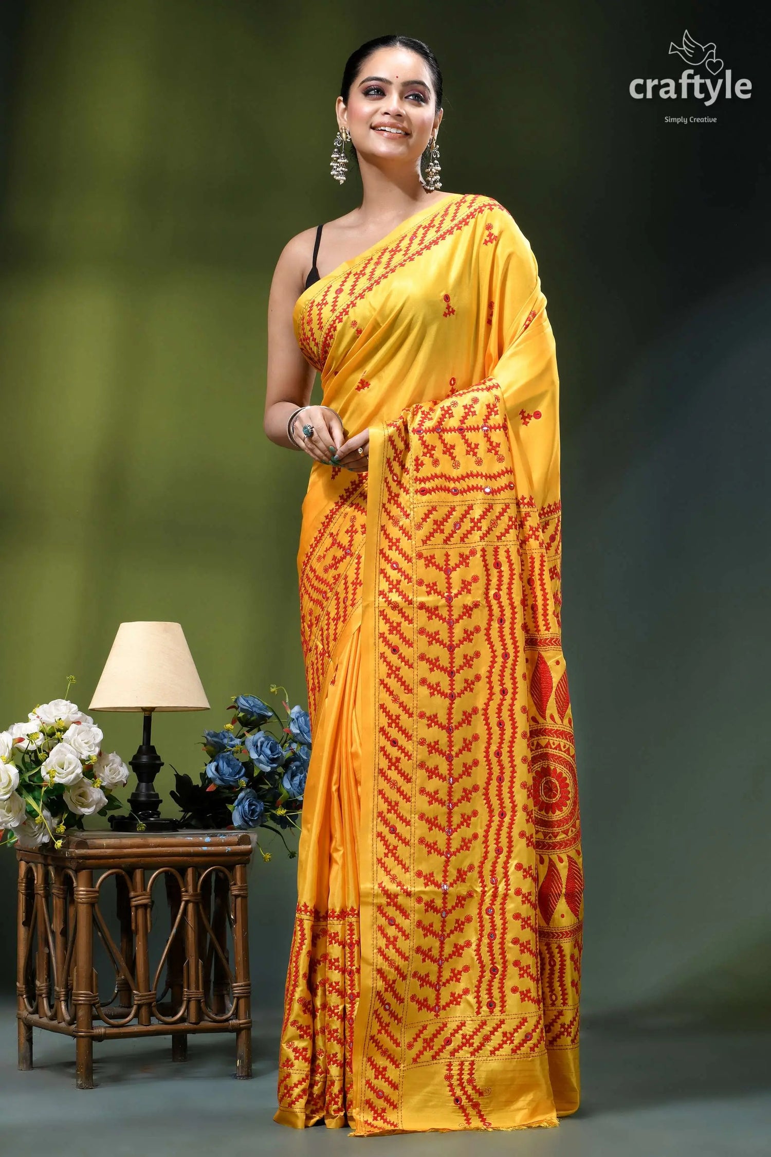 Lighting yellow red kutch embroidery silk saree with mirror work vibrant yellow saree intricate red 6