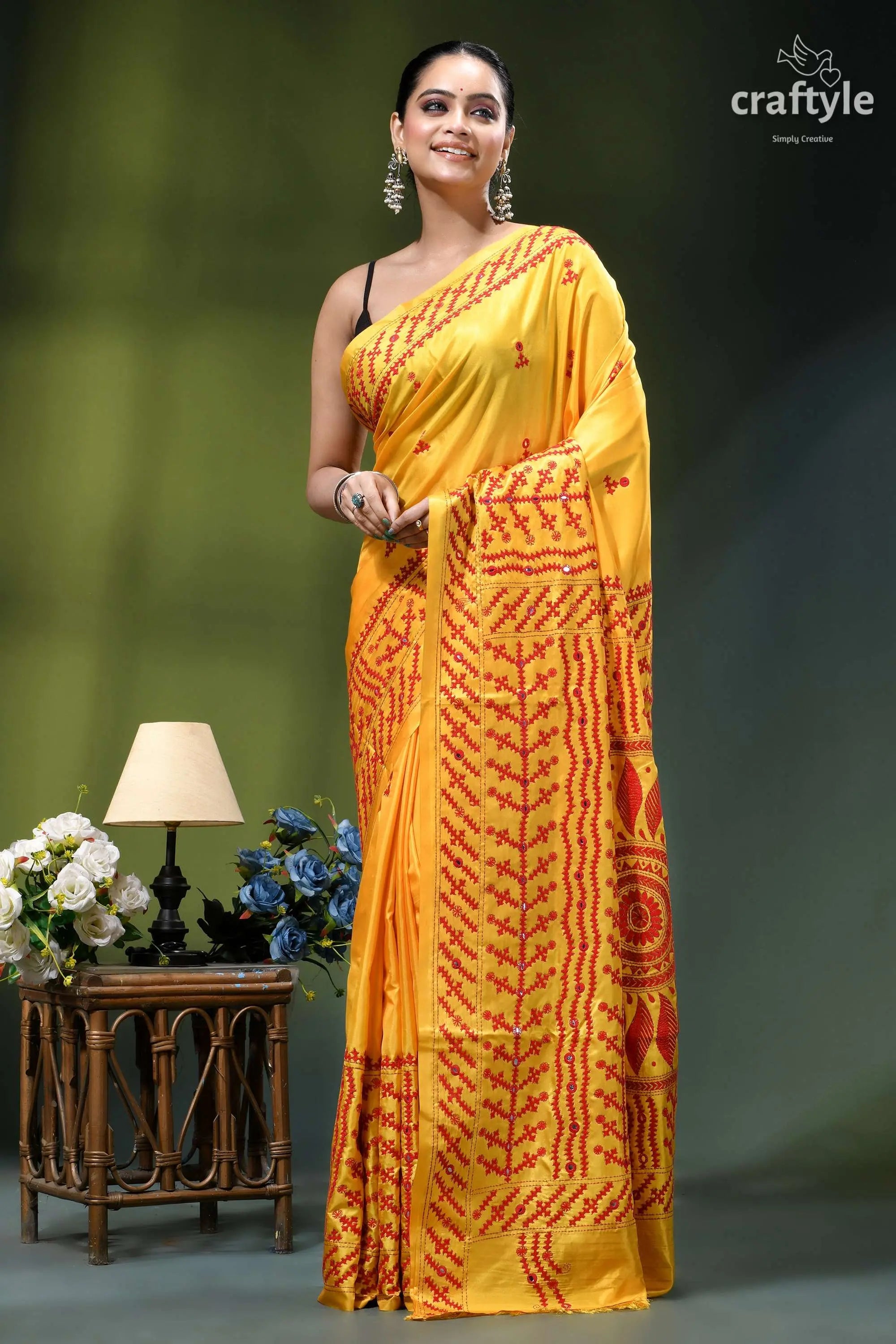 Lighting yellow red kutch embroidery silk saree with mirror work vibrant yellow saree intricate red 6