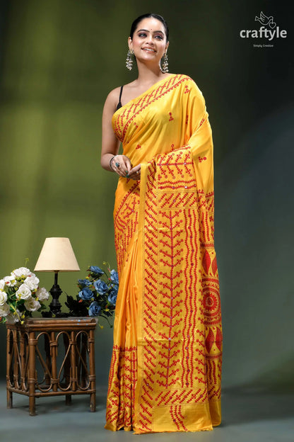 Lighting yellow red kutch embroidery silk saree with mirror work vibrant yellow saree intricate red 6
