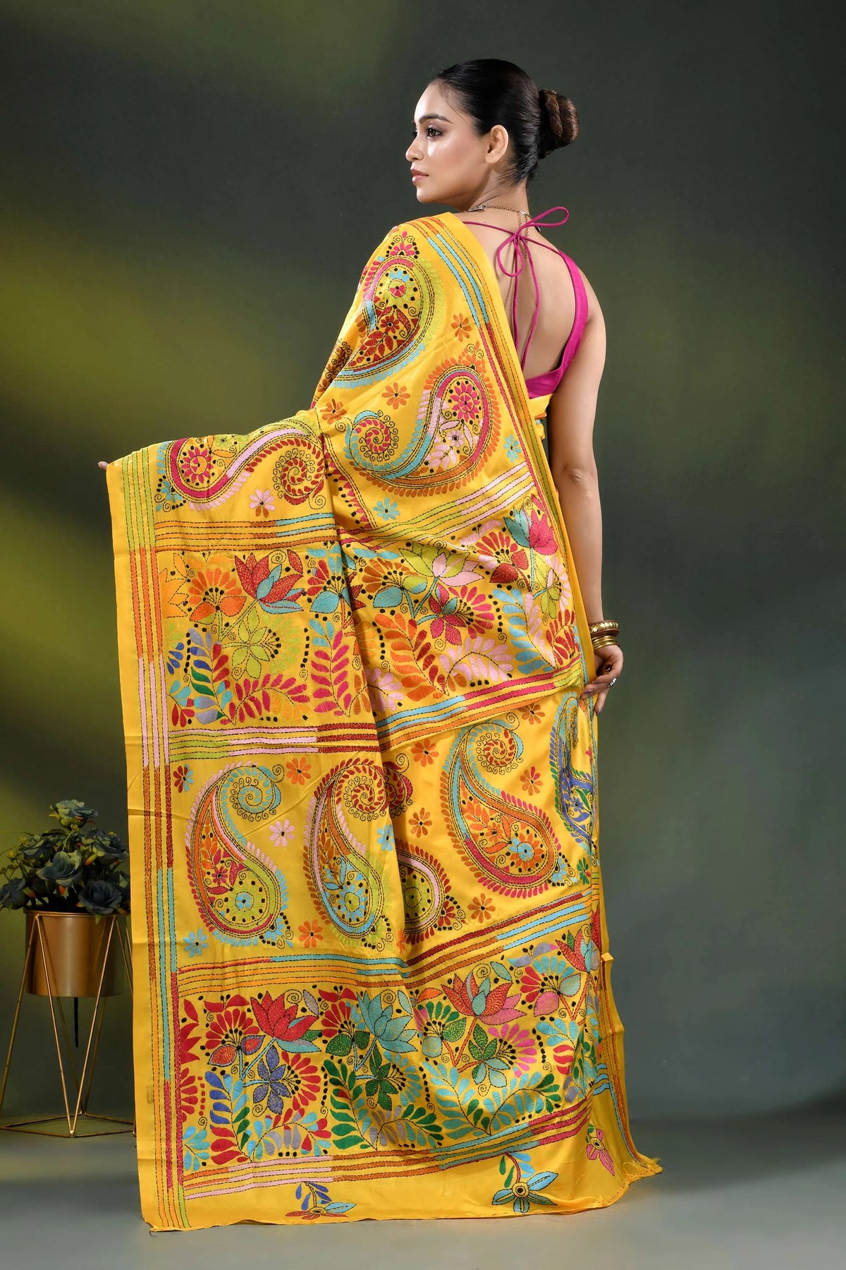 Lightning yellow handcrafted paisley design kantha stitch silk saree 5