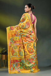 Lightning yellow handcrafted paisley design kantha stitch silk saree 5