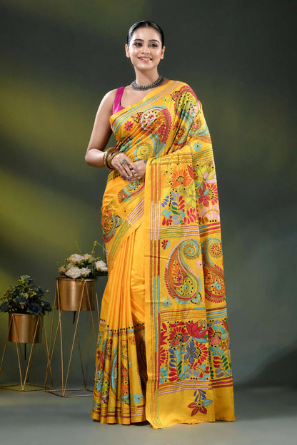 Lightning yellow handcrafted paisley design kantha stitch silk saree 6