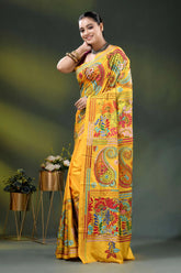 Lightning yellow handcrafted paisley design kantha stitch silk saree 3