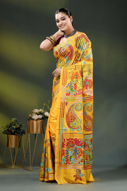 Lightning yellow handcrafted paisley design kantha stitch silk saree 3