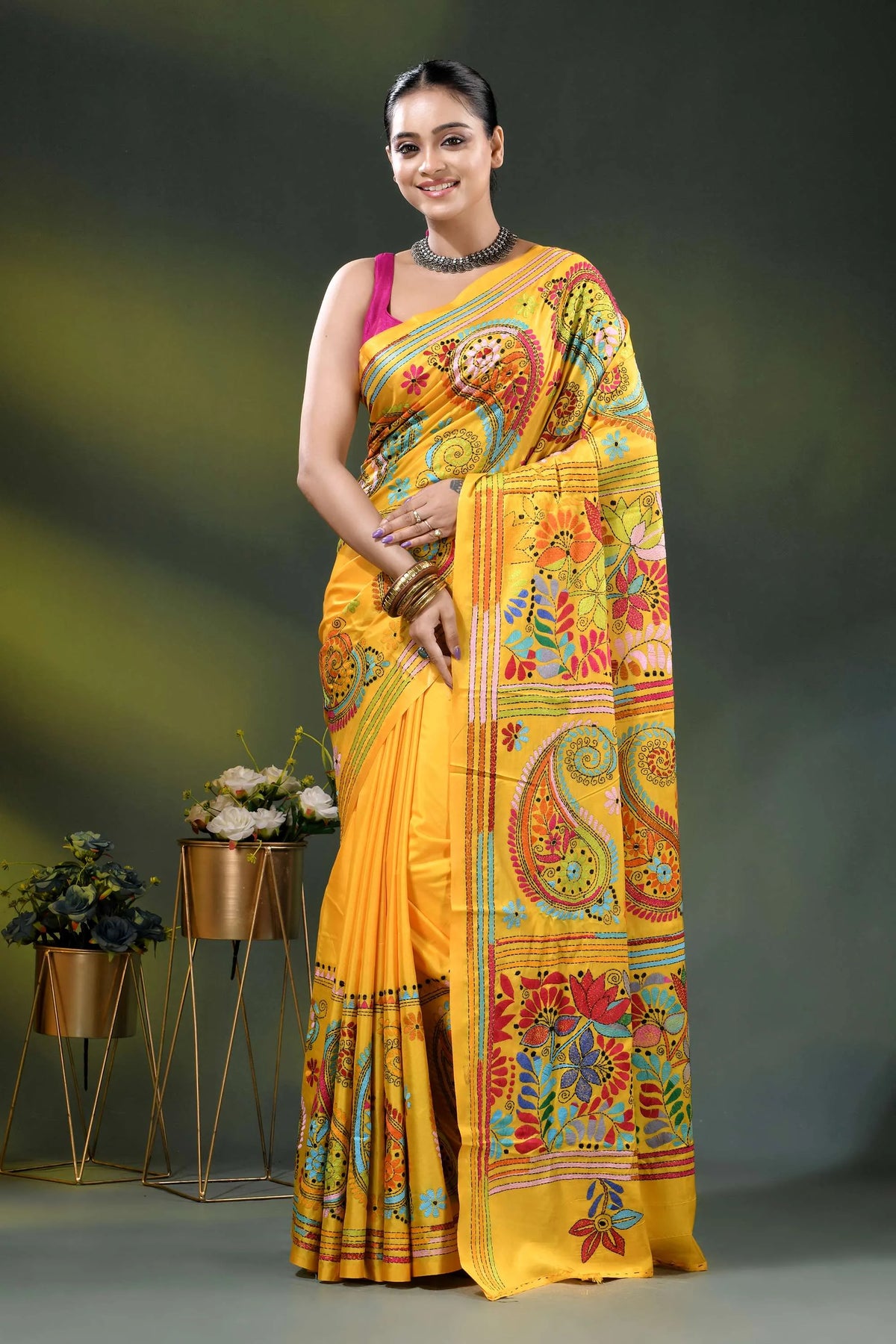 Lightning yellow handcrafted paisley design kantha stitch silk saree 1
