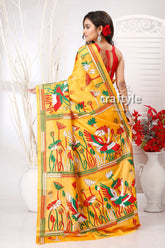Lightning Yellow Lotus Themed Kantha Embroidered Silk Saree - Craftyle