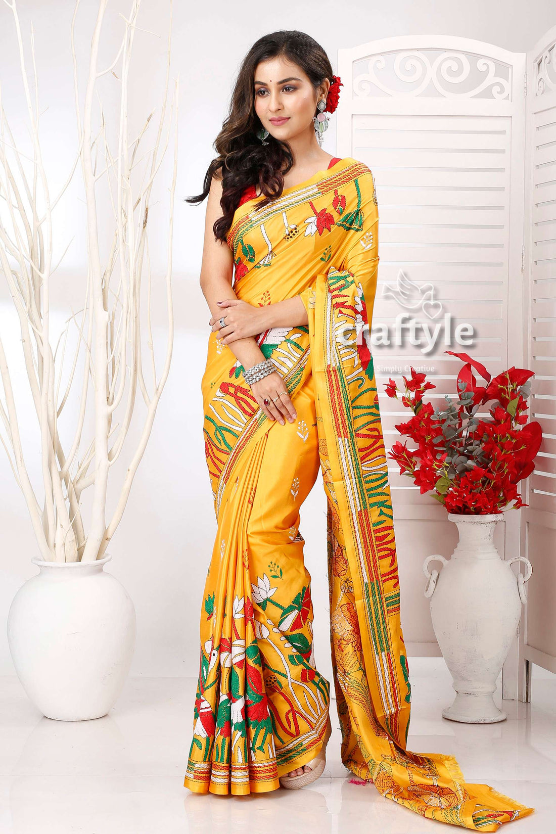 Lightning Yellow Lotus Themed Kantha Embroidered Silk Saree - Craftyle