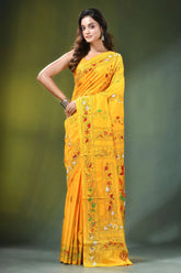 Lightning yellow multicolor hand kantha stitched silk saree - nature theme vibrant intricate floral 6