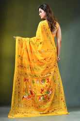 Lightning yellow multicolor hand kantha stitched silk saree - nature theme vibrant hand-painted 5