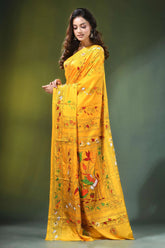Lightning yellow multicolor hand kantha stitched silk saree - nature theme vibrant adorned 3
