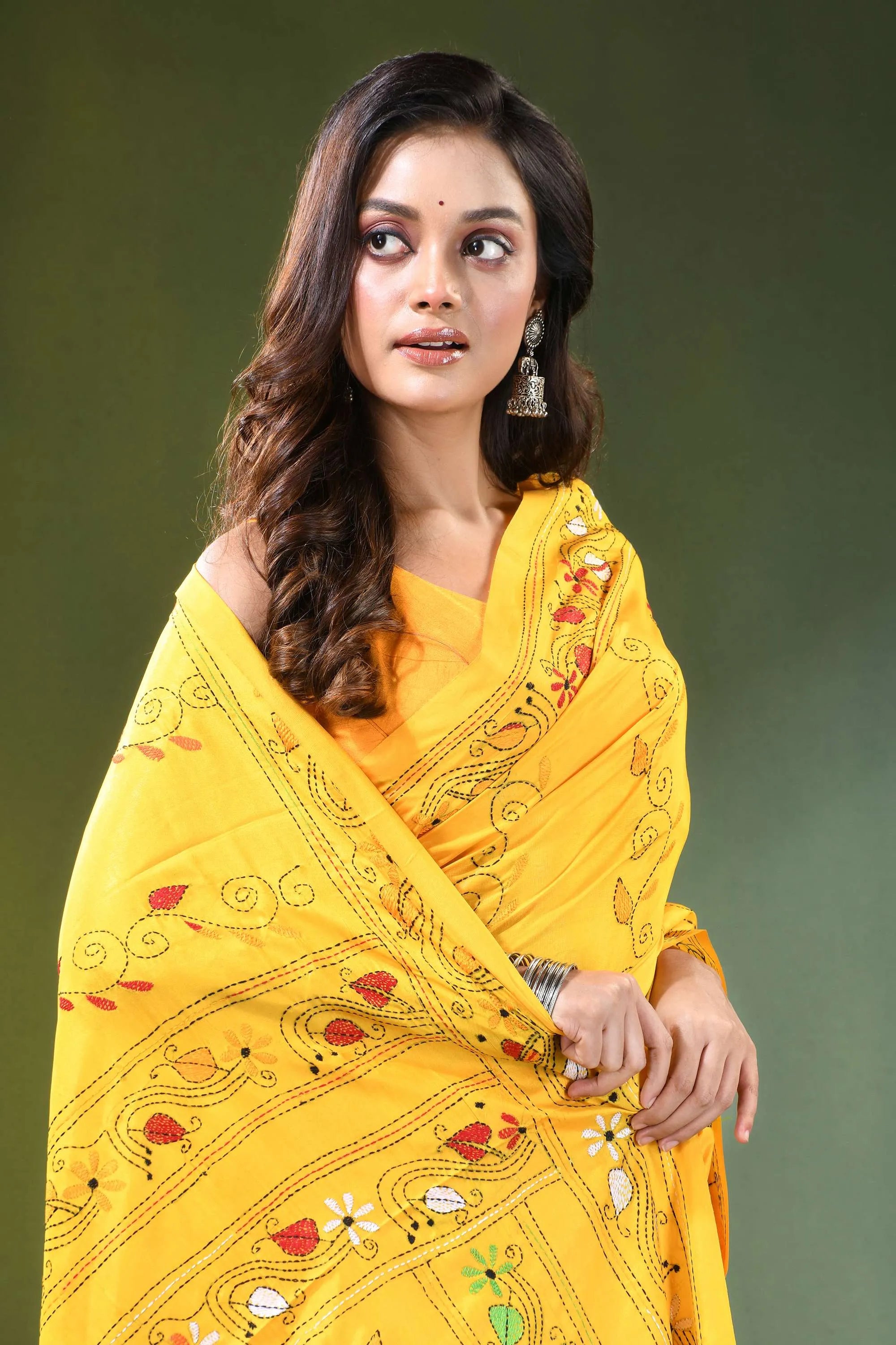 Lightning yellow multicolor hand kantha stitched silk saree - nature theme vibrant intricate red 2