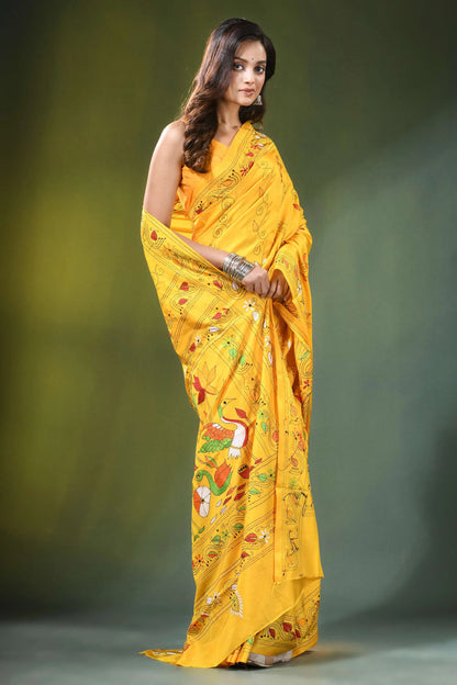 Lightning yellow multicolor hand kantha stitched silk saree - nature theme vibrant intricate hand-painted 4