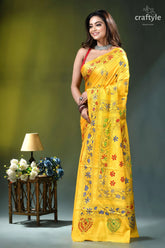 Lightning yellow nature’s embrace exquisite silk kantha saree vibrant yellow saree intricate floral 3