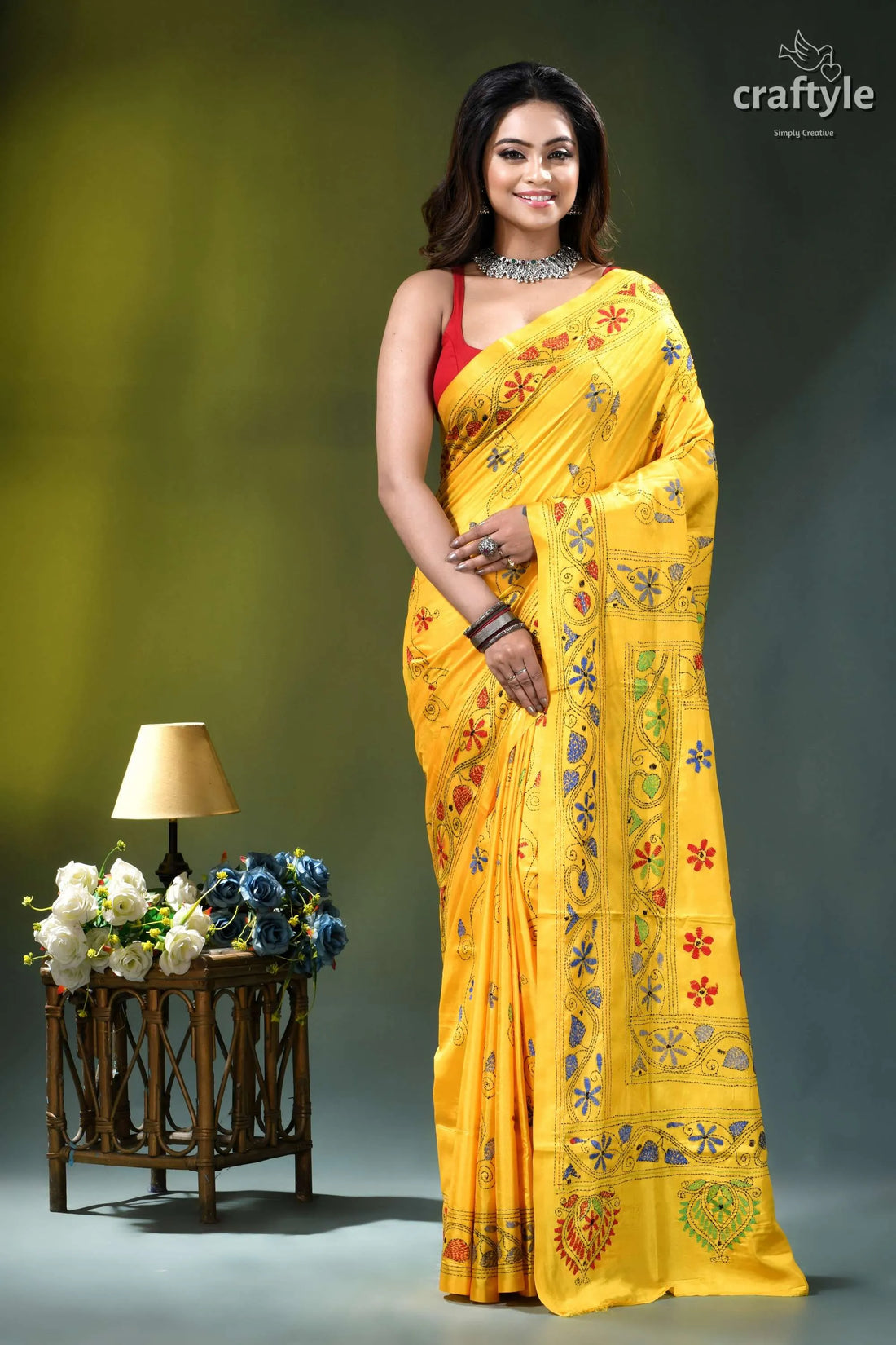 Lightning yellow natureās embrace exquisite silk kantha saree vibrant yellow saree intricate floral 1