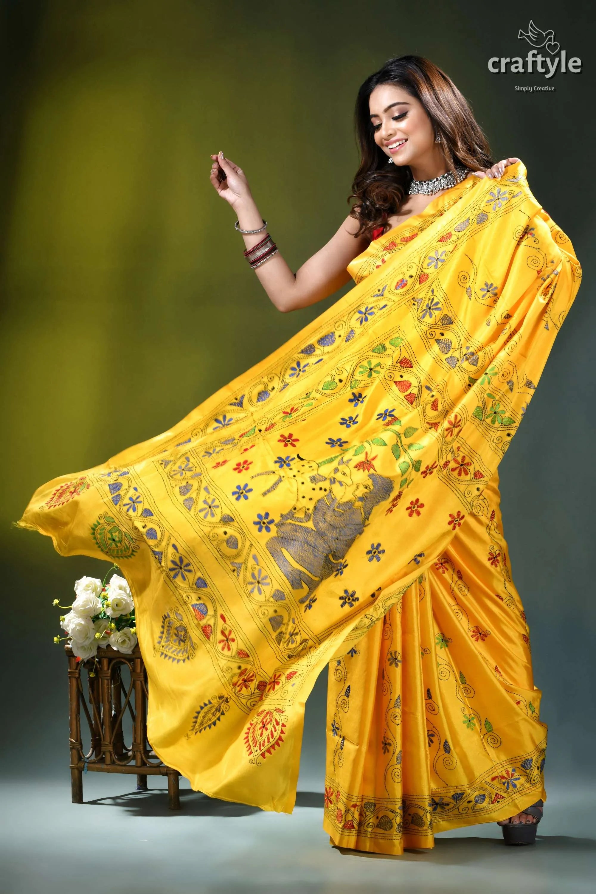 Lightning yellow nature’s embrace exquisite silk kantha saree vibrant yellow silk saree adorned 5