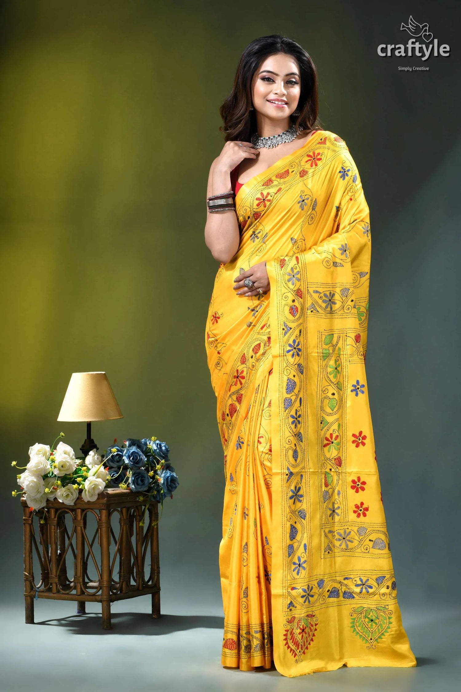 Lightning yellow nature’s embrace exquisite silk kantha saree vibrant yellow saree adorned intricate 6