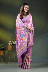 Lilac silk hand batik saree with multicolor floral kantha embroidery design 4
