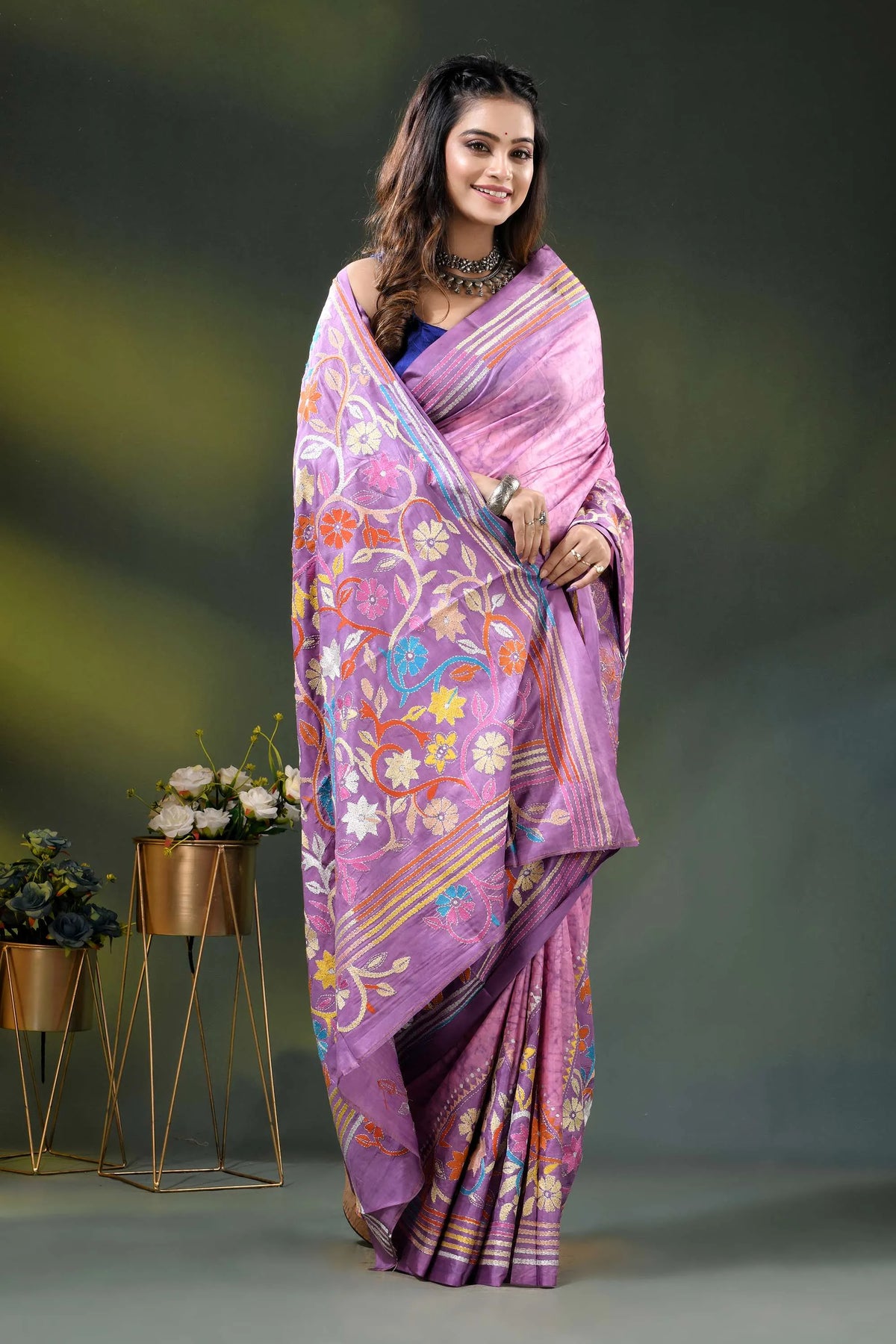 Lilac silk hand batik saree with multicolor floral kantha embroidery design 4