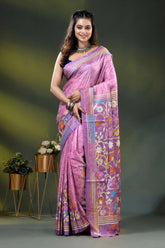 Lilac silk hand batik saree with multicolor floral kantha embroidery design 1