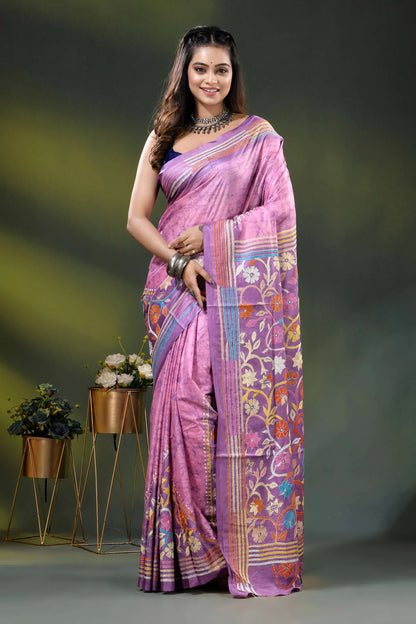 Lilac silk hand batik saree with multicolor floral kantha embroidery design 1