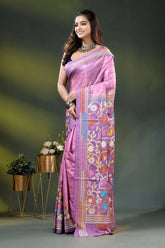 Lilac silk hand batik saree with multicolor floral kantha embroidery design 3