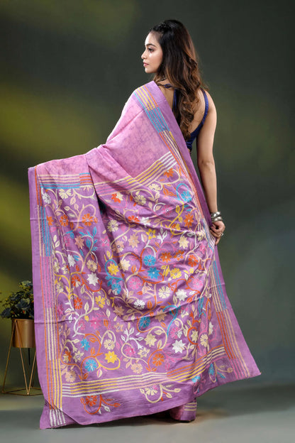 Lilac silk hand batik saree with multicolor floral kantha embroidery design 5