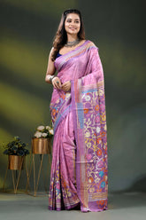 Lilac silk hand batik saree with multicolor floral kantha embroidery design 6