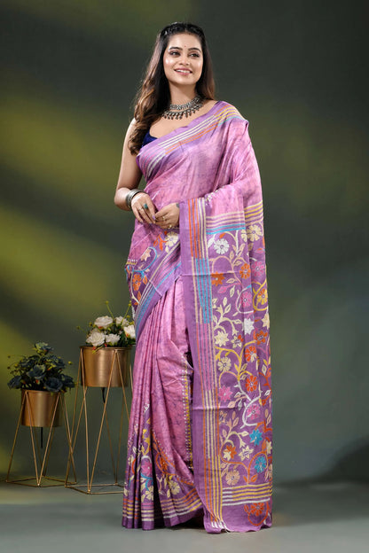 Lilac silk hand batik saree with multicolor floral kantha embroidery design 6