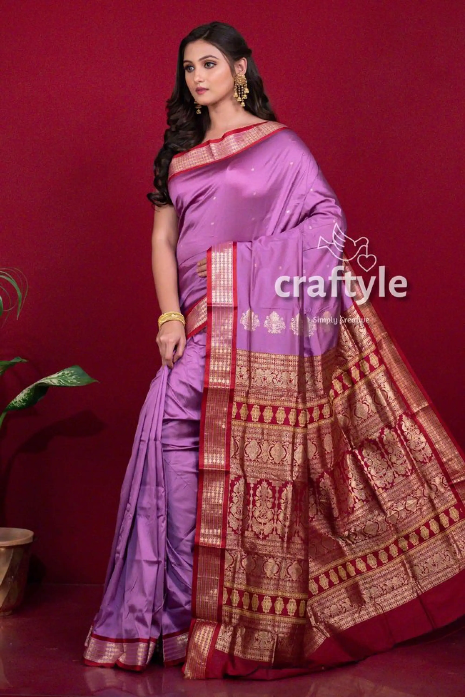 Lilac violet zari border semi bomkai silk saree for women lavender silk saree red gold 3