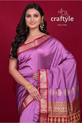 Lilac violet zari border semi bomkai silk saree for women elegant purple silk saree gold 2
