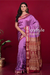 Lilac violet zari border semi bomkai silk saree for women woman purple saree red gold 1