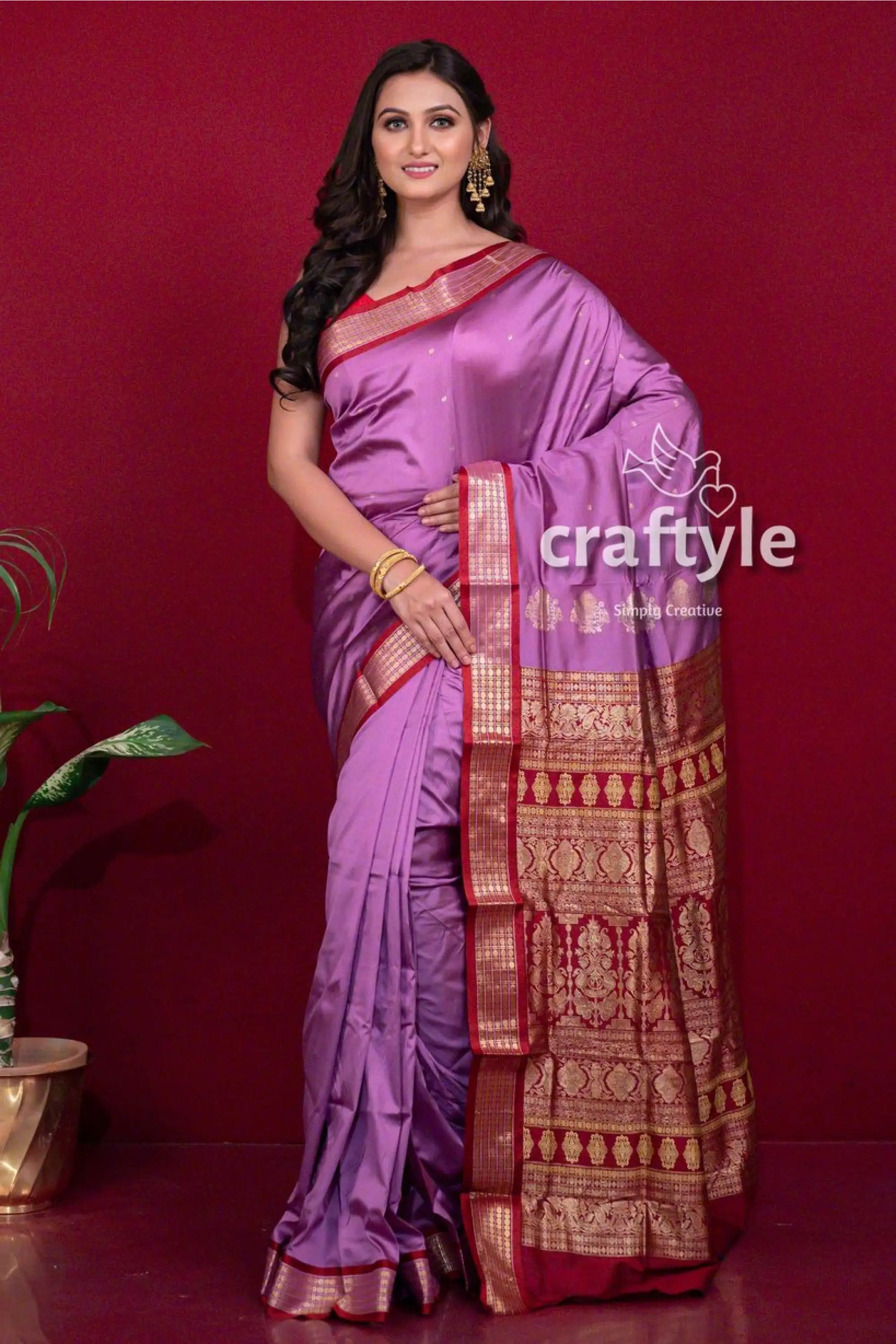 Lilac violet zari border semi bomkai silk saree for women woman purple saree red gold 1