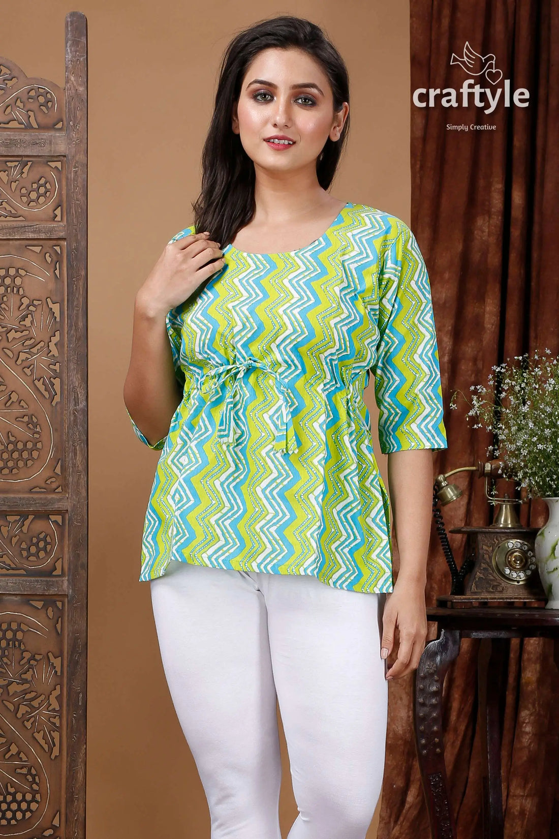 Lime green and sky cotton printed top with three quarter sleeves woman’s patterned white pants 2