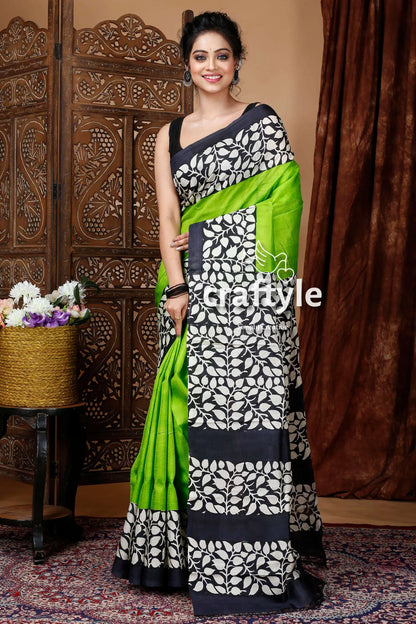 Lime green floral design hand block pure mulberry silk saree woman green black patterned saree 1