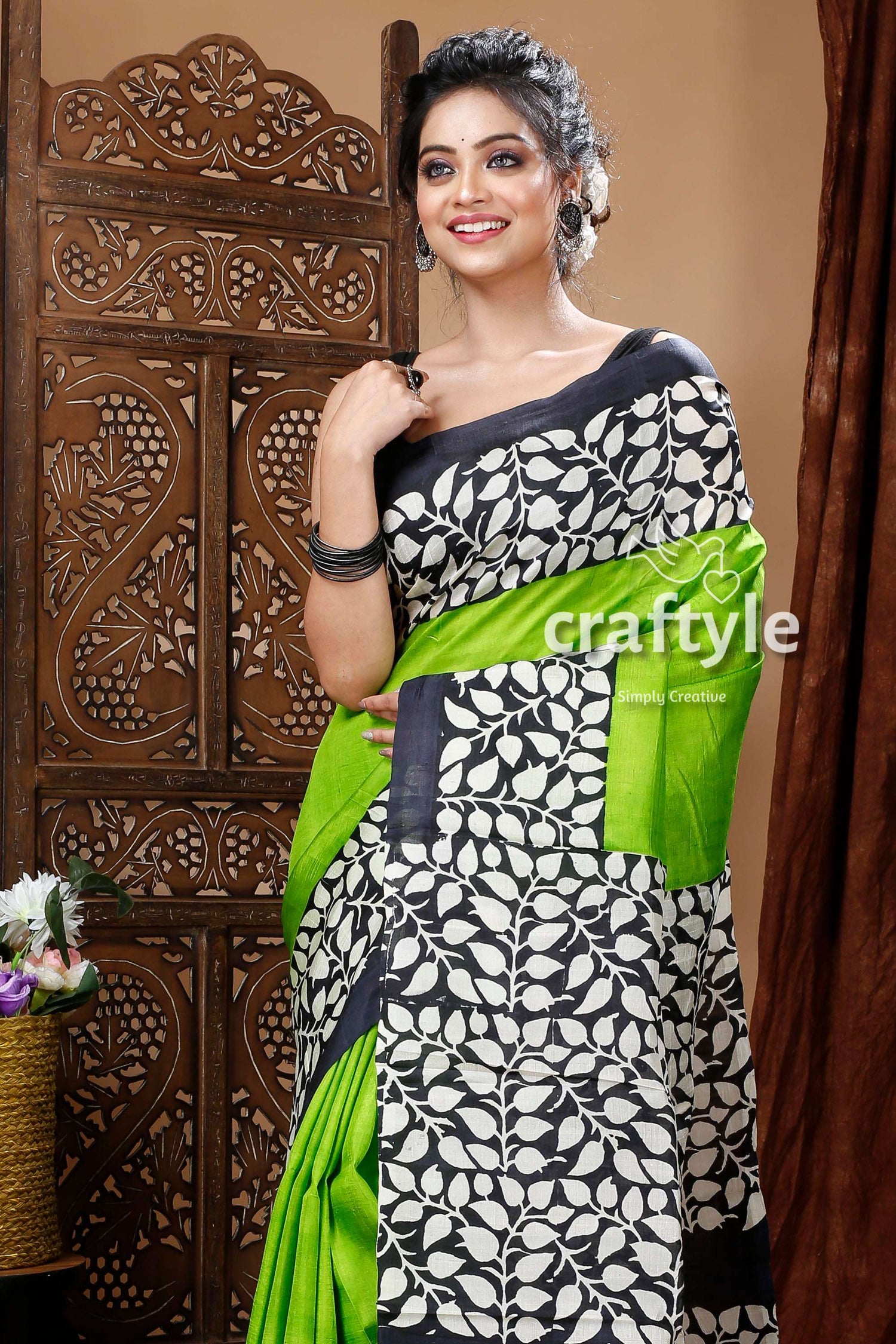 Lime Green Floral Design Hand Block Pure Mulberry Silk Saree - Craftyle