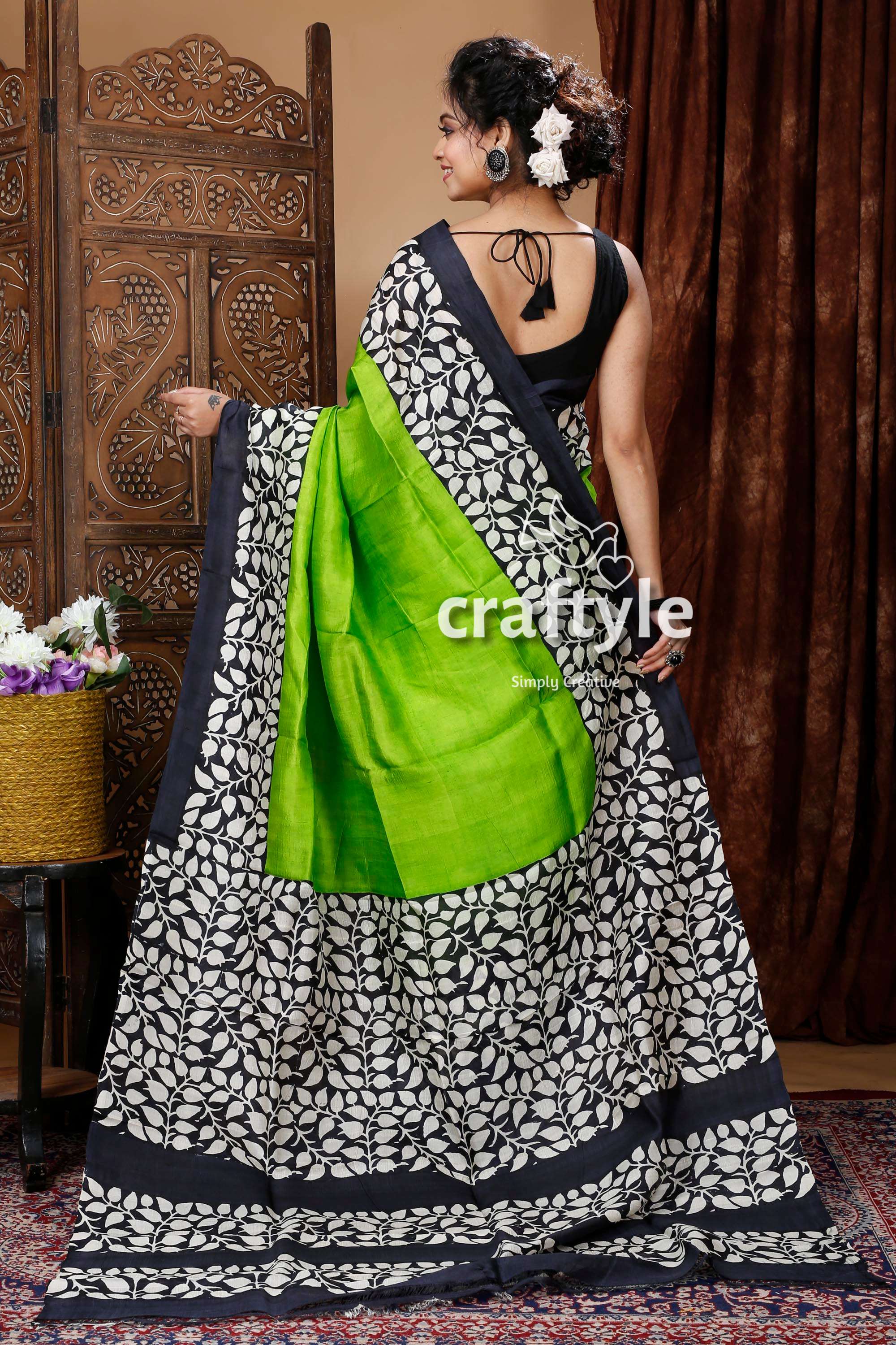 Lime Green Floral Design Hand Block Pure Mulberry Silk Saree - Craftyle