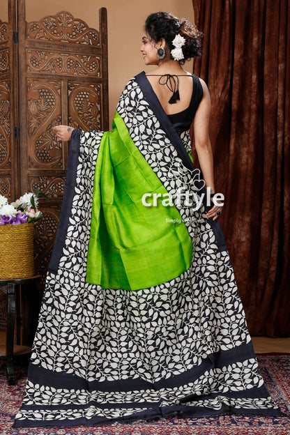 Lime Green Floral Design Hand Block Pure Mulberry Silk Saree - Craftyle